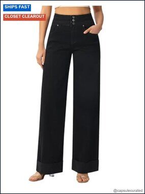 Stretchy High Waisted Wide Leg Baggy Jeans with Cuffed Hem